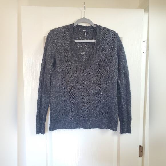 Paige V-Neck Wool Blend Black Shiny Silver Lightweight Sweater, Women's Medium - Picture 1 of 8